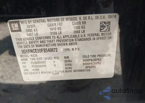 2015 Cadillac Srx Performance Collection z USA, uszkodzony, nr VIN 3GYFNCE30FS549872